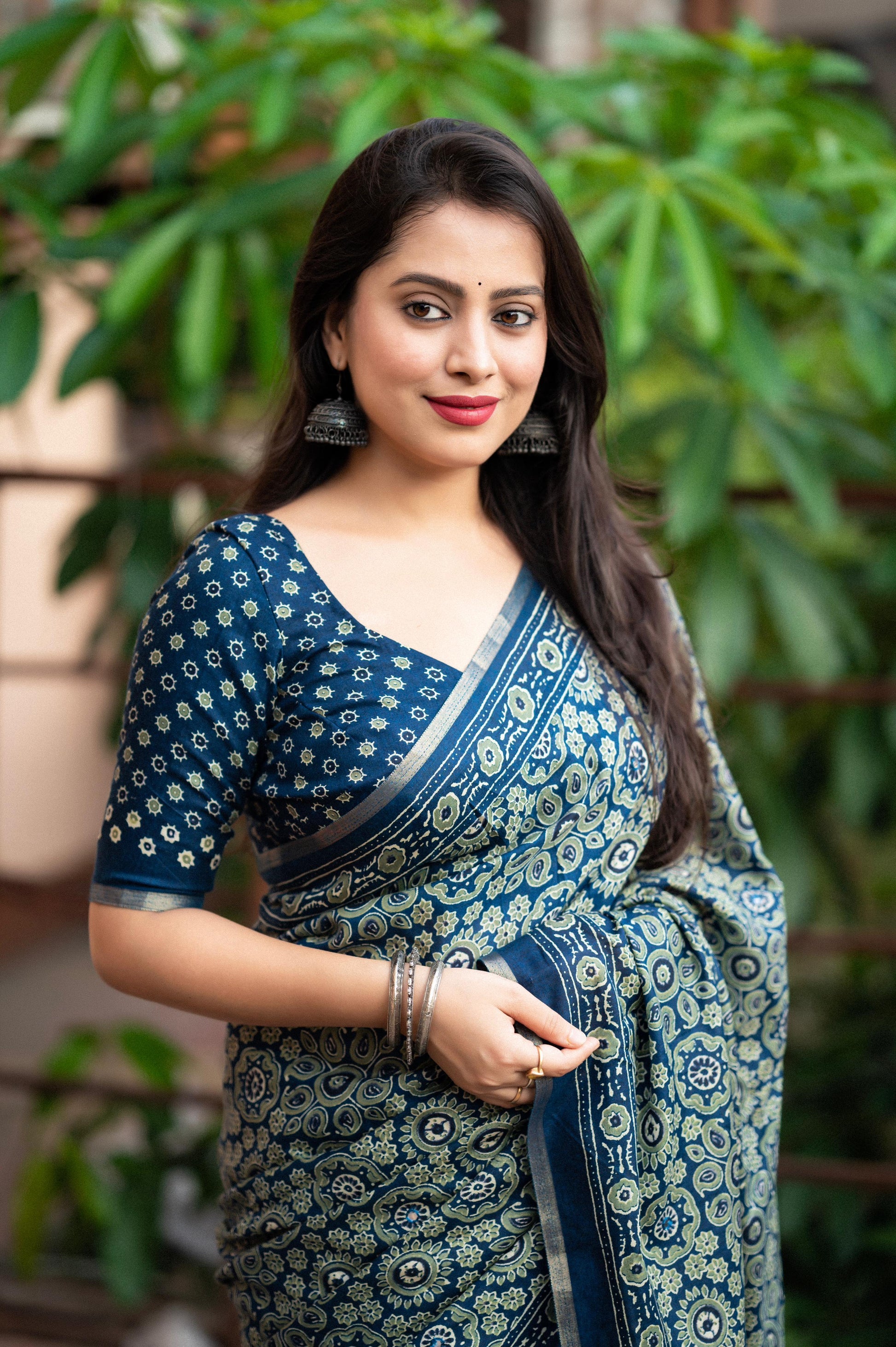 Blue Cotton Blend Ajrak Saree with Unstitched Blouse - Hiral Fashion | Swadesiicart