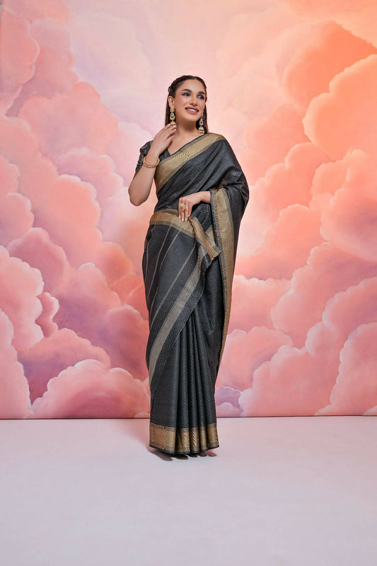Vishnu Weaves Women's Black Cotton Self Weaving Saree with Blouse - Swadesiicart