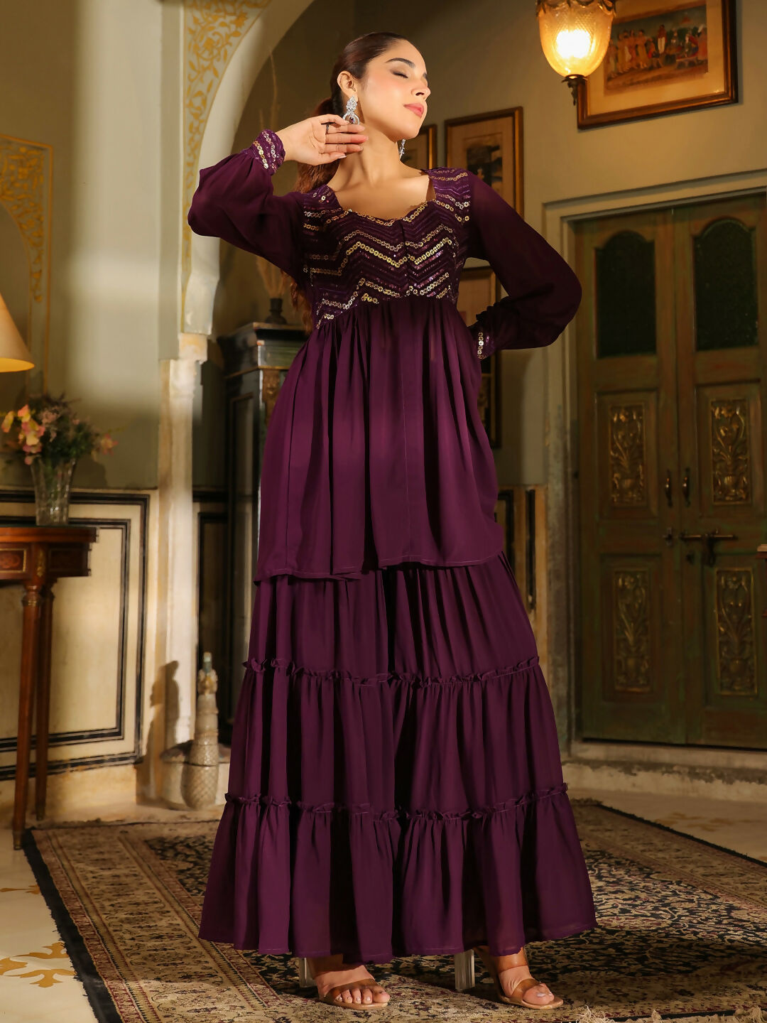 Janasya Purple Georgette Sequined Tunic & Bottom | Swadesiicart