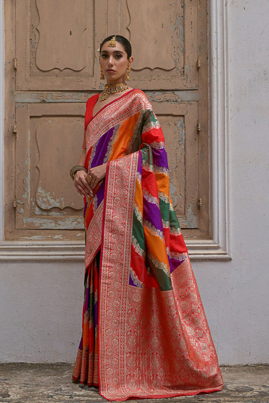 Vishnu Weaves Women's Red Banarasi Silk Zari Woven Saree with Blouse - Swadesiicart