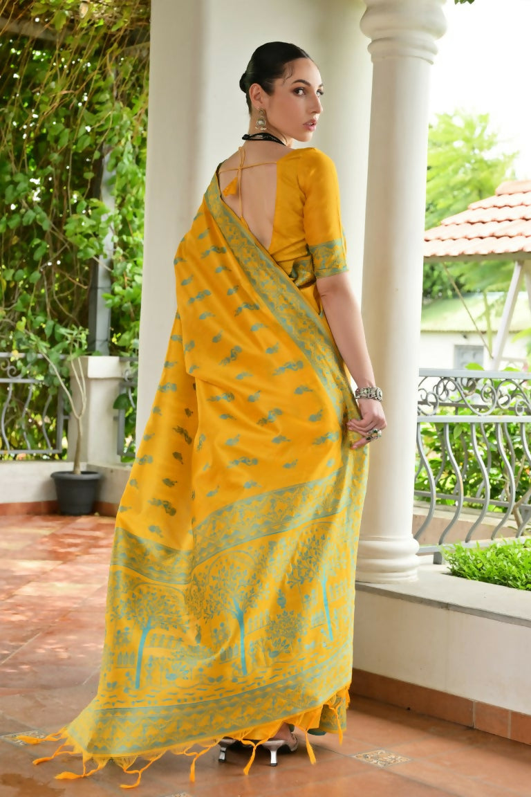 Vishnu Weaves Women's Yellow Handloom Raw Silk Thread Weaving Saree with Blouse - Swadesiicart