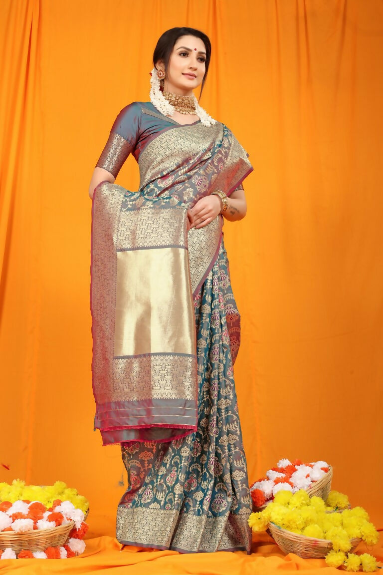 Jyoti Fashion Women's Grey Kanjivaram Silk Zari Woven Saree with Blouse | Swadesiicart