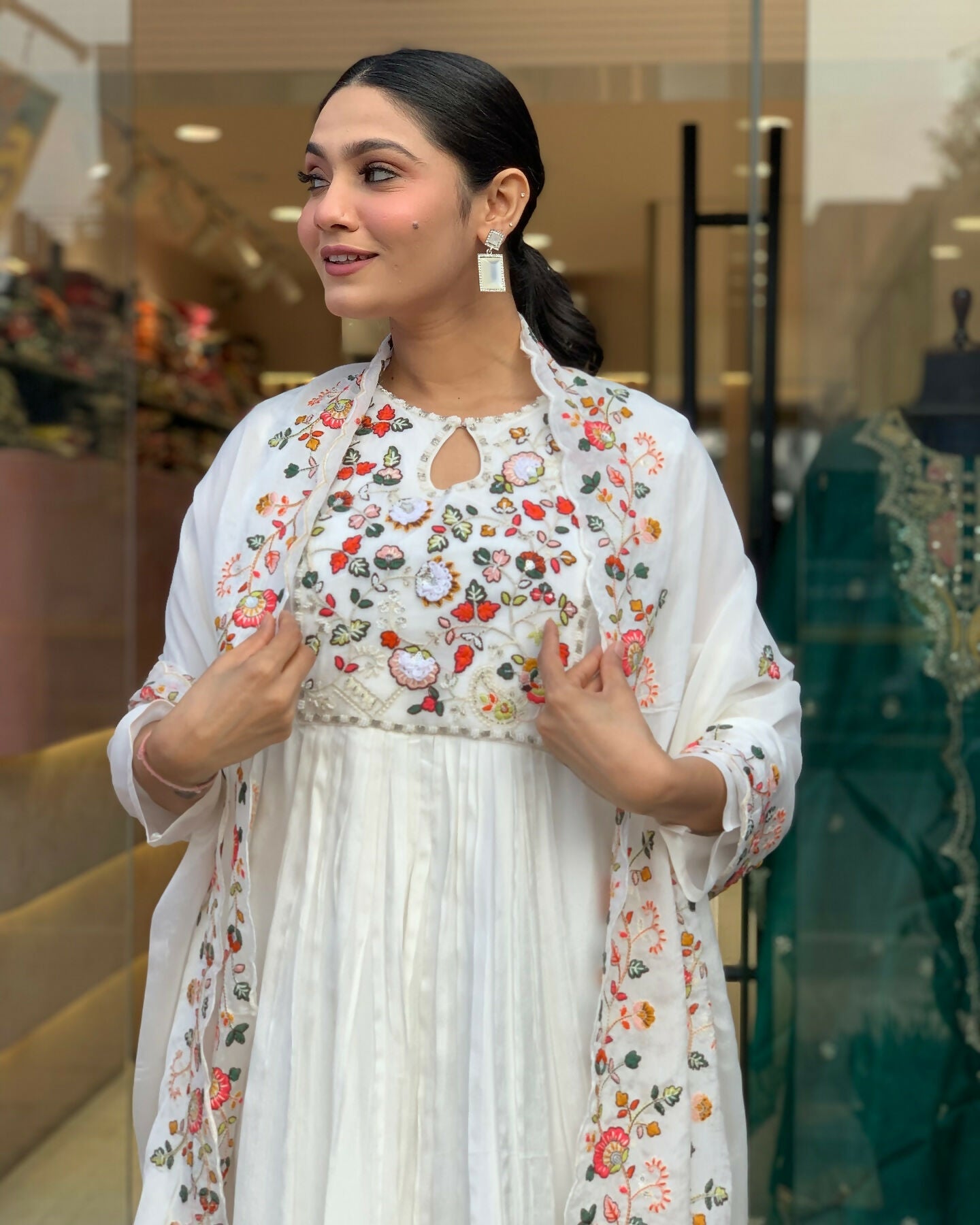 The52 White Women's Gorgeous Embroidered Viscose Chiffon Fabric Pleated Kurta Pant with Dupatta Set - Swadesiicart