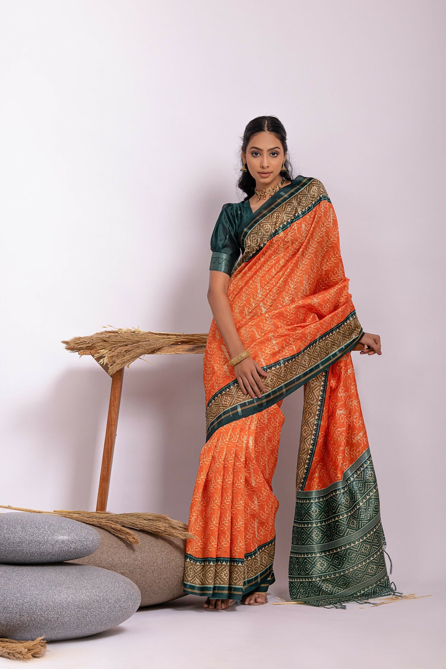 Vishnu Weaves Women's Orange Soft Tussar Silk Zari Woven Saree with Blouse - Swadesiicart
