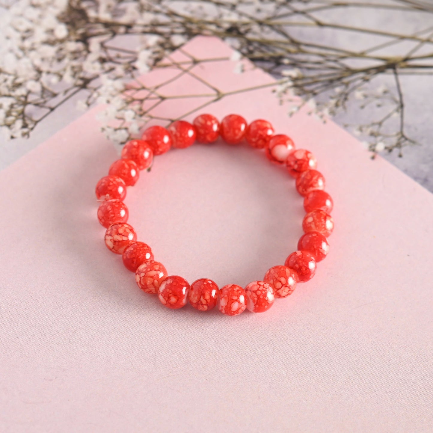 NVR Men & Women Red Marbel Crystal Elasticated Bracelet - Swadesiicart