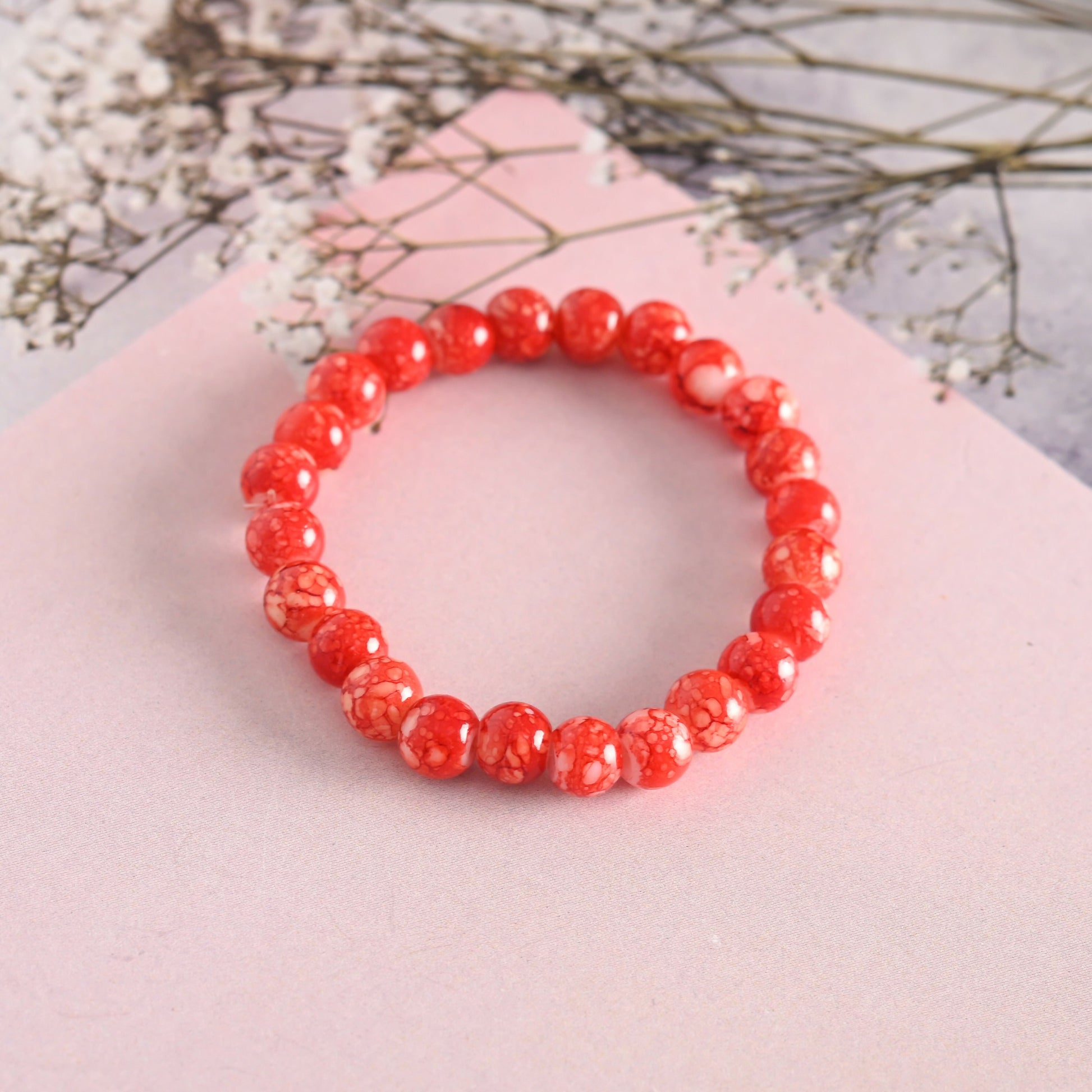 NVR Men & Women Red Marbel Crystal Elasticated Bracelet - Swadesiicart