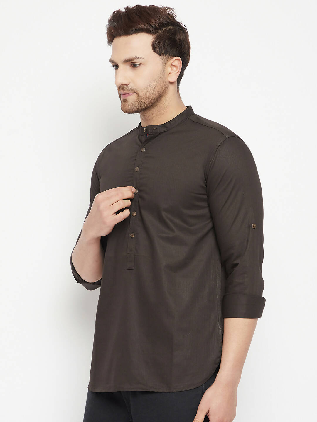 Even Apparels Brown Pure Cotton short Men's Kurta With Band Collar | Swadesiicart