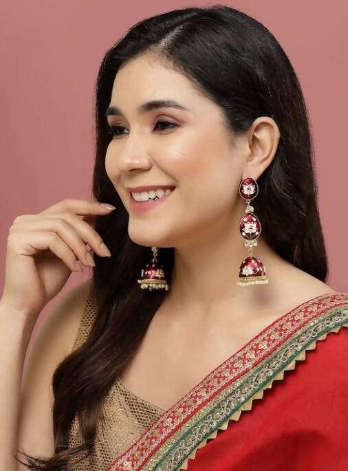 Alloy Base Metal Gold-Toned Kundan Oval Jhumkas Earrings for Women & Girls By House of Ree - Swadesiicart