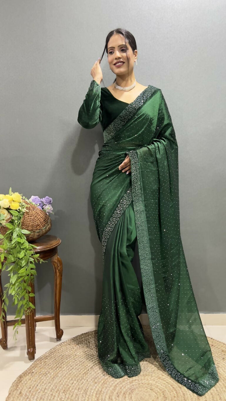 Vastranavya Green Rangoli Silk Swarovski work Ready to Wear Saree | Swadesiicart