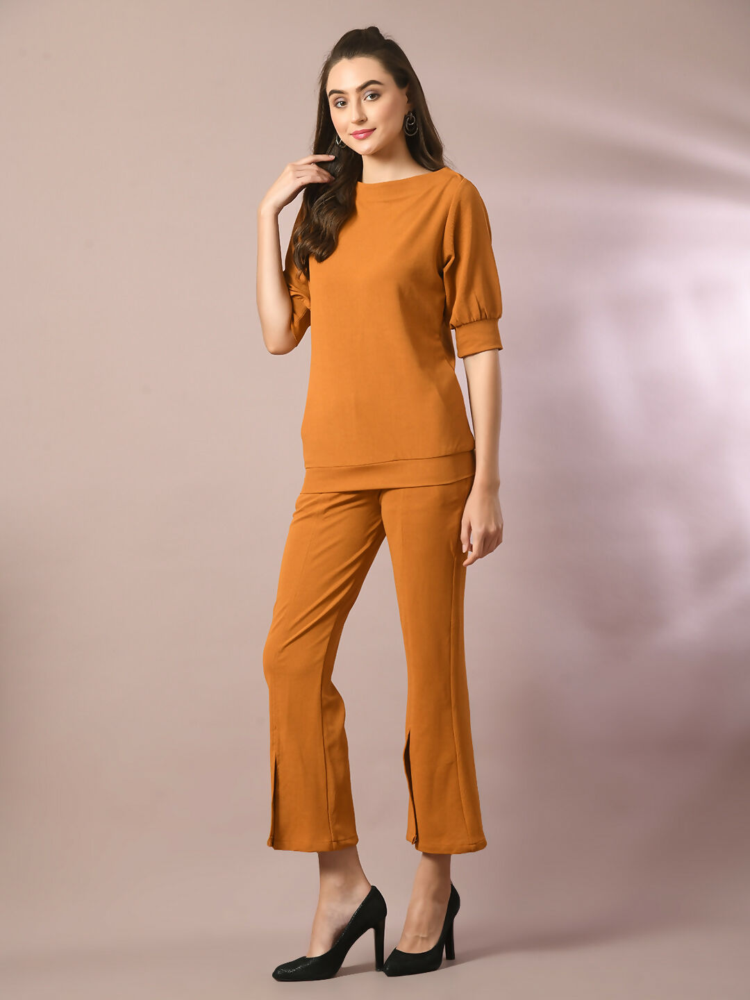 Myshka Women's Mustard Solid Boat Neck Party Top With Trousers Co-ord set - Swadesiicart