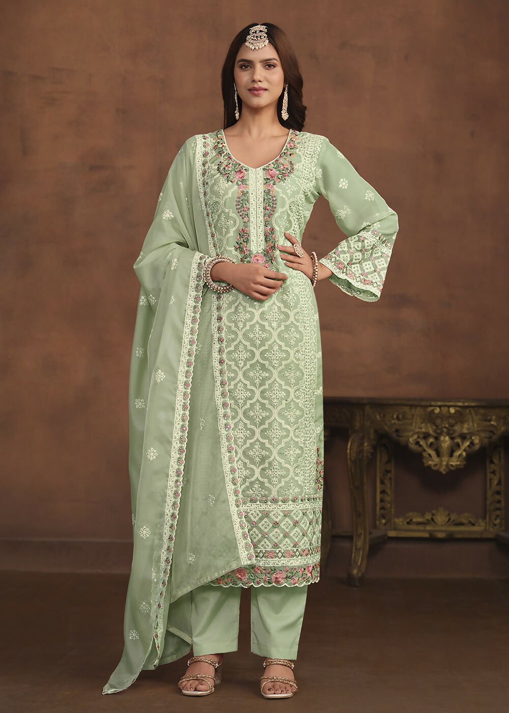 Mint Green Soft Organza Embroidered Festive Salwar Suit - Emponline | Swadesiicart