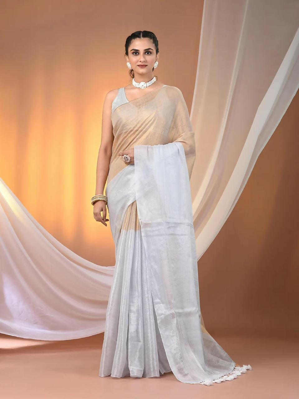 Exclusive Collection Beautiful Pino White Gold Tissue Silk Hand Weaving Handloom Saree With Running Blouse Piece - Swadesiicart