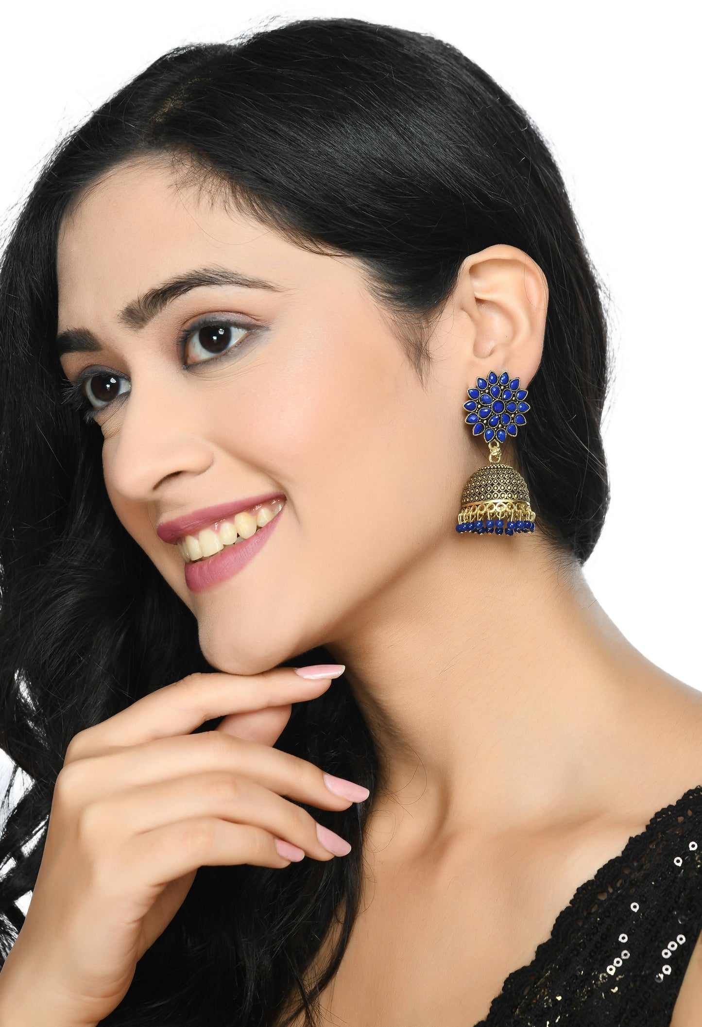 Mominos Fashion Johar Kamal Kundan Work Jhumka With Blue Beads For Women - Swadesiicart