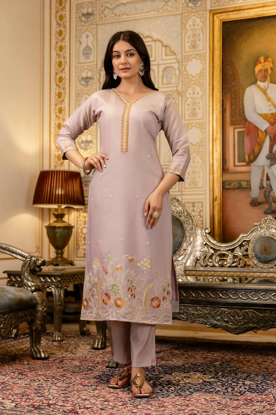 The52 Lavender Women's Beautiful Viscose Shimmer Fabric Embroidered Work Straight Kurta Pant and Dupatta Set - Swadesiicart