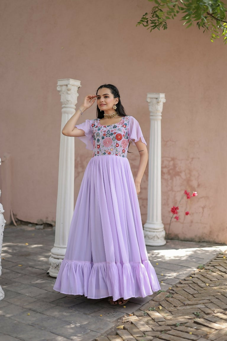 Jyoti Fashion Women's Purple Sequins Thread Embroidery Faux Georgette Anarkali Dress | Swadesiicart