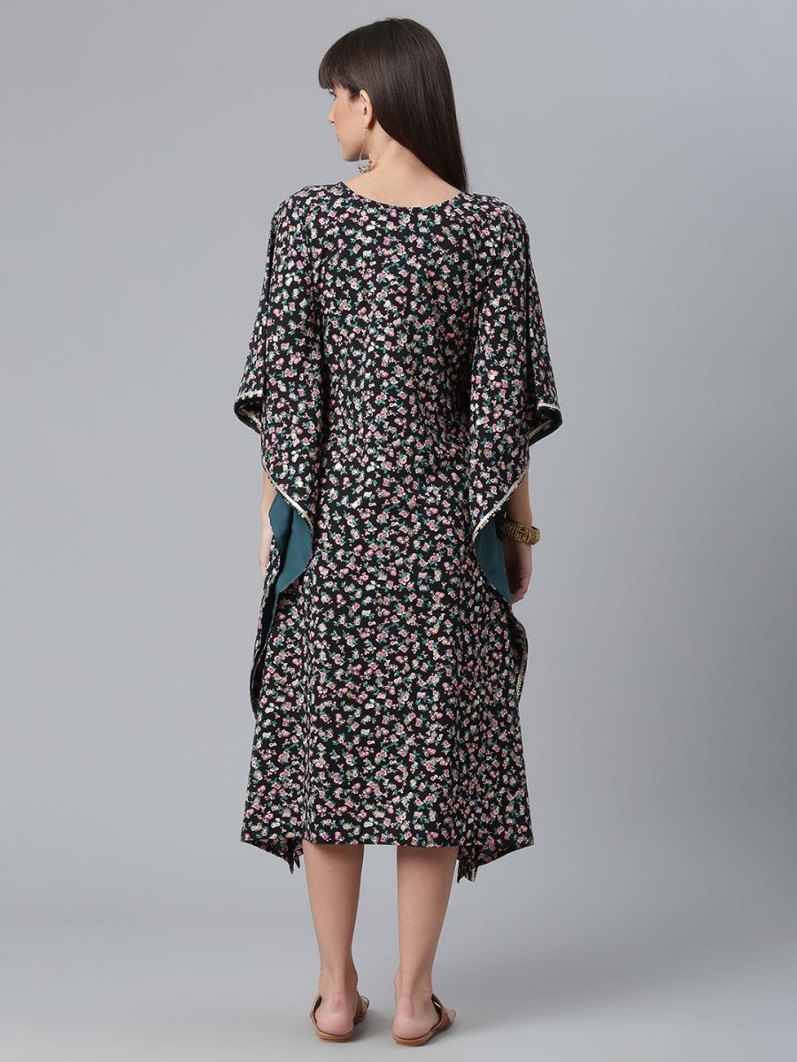 Ahalyaa Crepe Black Digital & Foil Floral Printed Kaftan | Swadesiicart