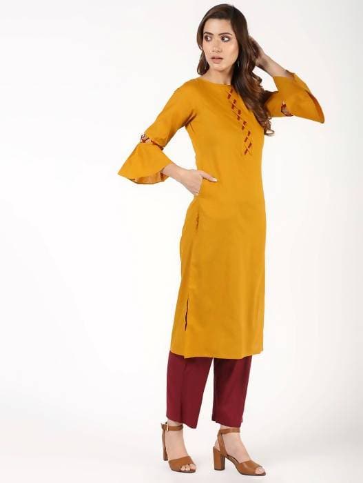 Aniyah Cotton Criss Cross Bell Sleeves Straight Mustard Color Kurta (AN-146K) - Swadesiicart
