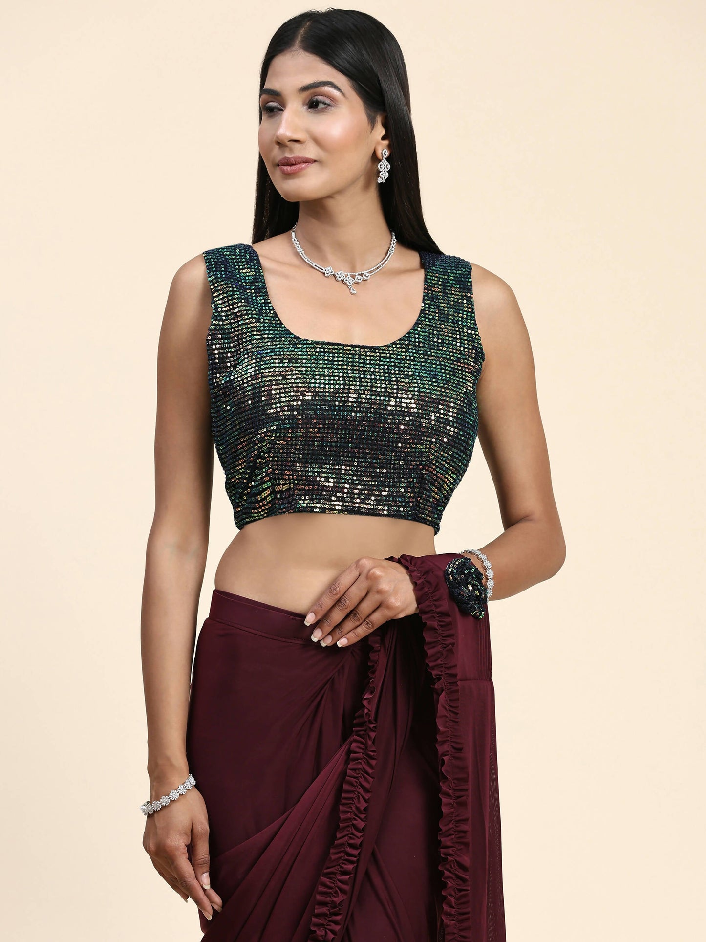 Maroon Imported Fabric Plain Ready to wear Saree with stitched Blouse - Vrinda | Swadesiicart