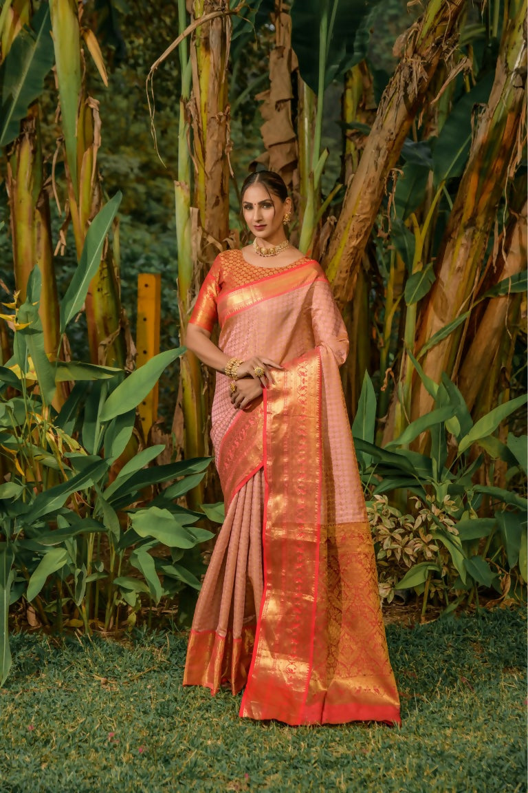 Jyoti Fashion Women's Peach Kanjivaram Silk Zari Woven Saree with Blouse | Swadesiicart