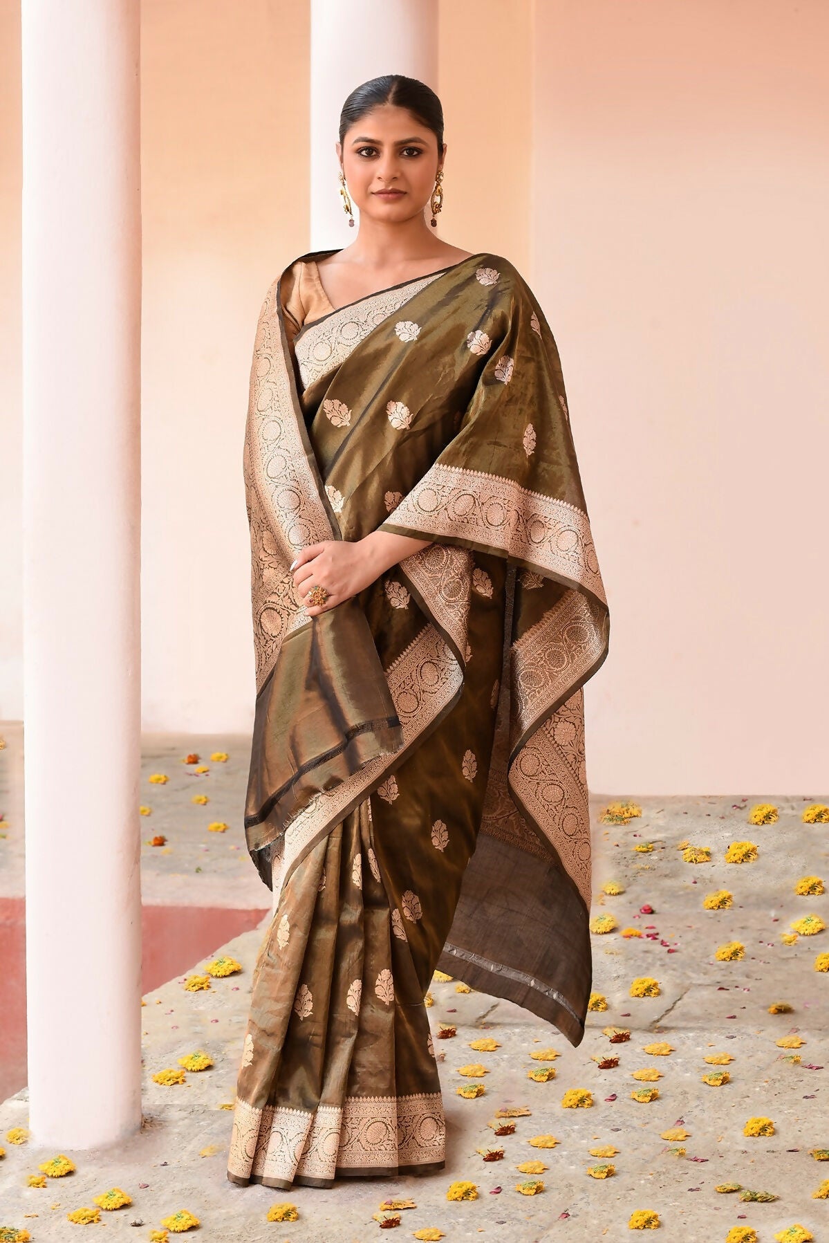 Joban Fashion Olive Green Banarasi Katan Pure Handloom Banarasi Silk Saree | Swadesiicart