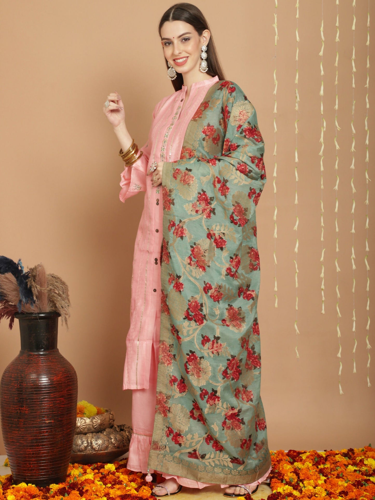 Jyoti Fashion Women's Peach Chanderi Silk Elegant Jardoshi Kurta with Trouser & Dupatta | Swadesiicart