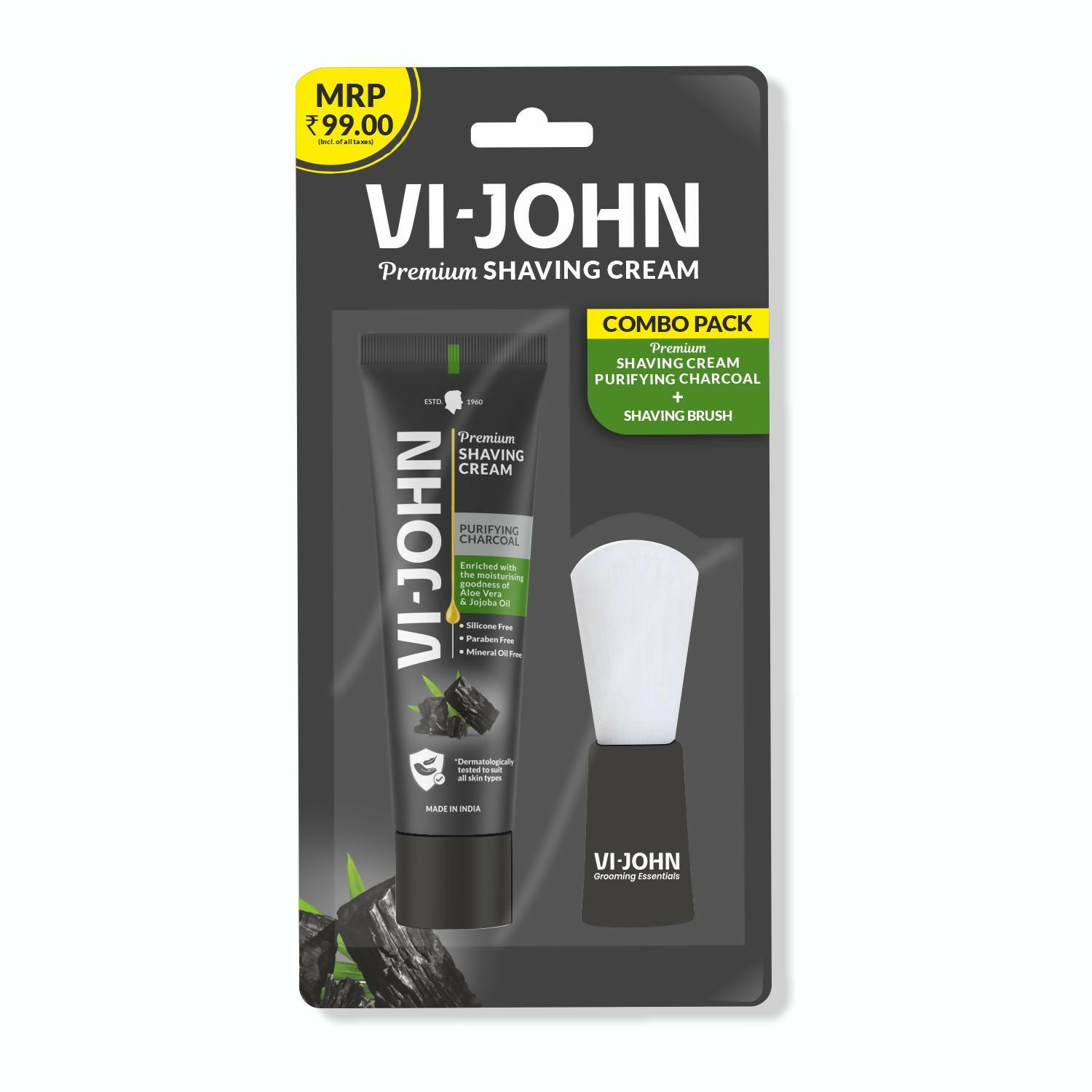 VI-JOHN Dermatologically Tested Premium Claming Aqua Shaving With Shaving Brush Cream Enriched with Aloevera & Almond Oil free From Silicone, Paraben & Mineral Oil | Swadesiicart