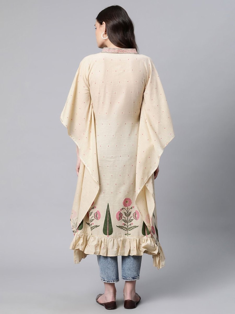 Ahalyaa Women Beige Pure Cotton Floral Printed Kaftan Kurta | Swadesiicart