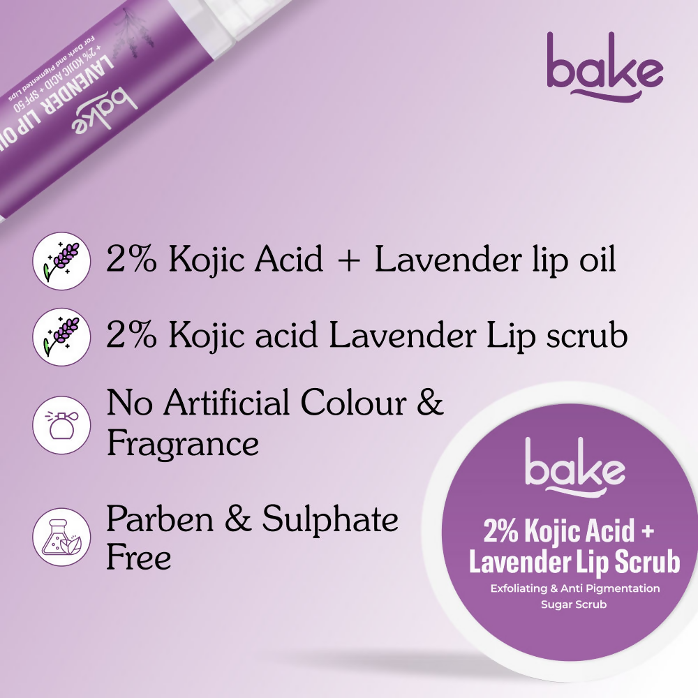Bake Kojic Acid Lavender Lip Kit With Lip Balm SPF 50 & Lip Scrub For Dark & Pigmented Lips | Swadesiicart