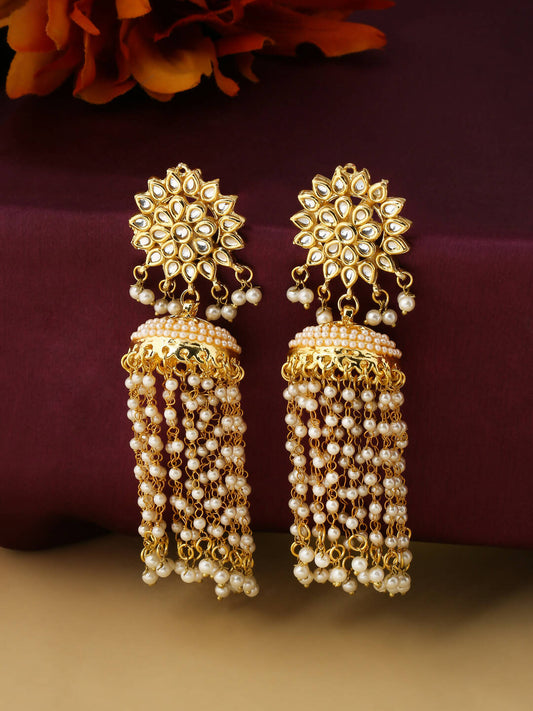 NVR Women Gold-Polished Contemporary Jhumkas Earrings | Swadesiicart