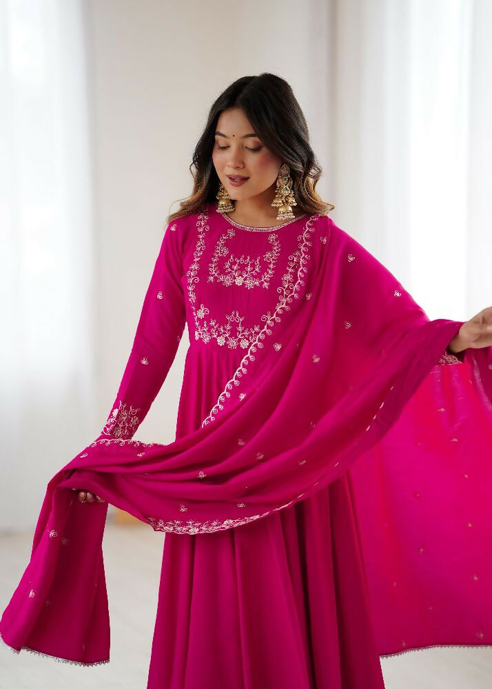 Joban Fashion Dark Pink Kurta Set Chanderi Sequence Embroidery Work - Swadesiicart