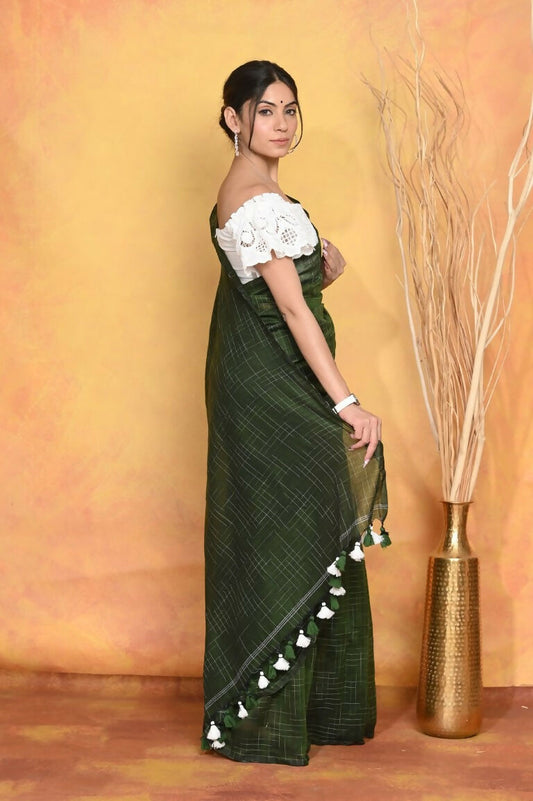 Very Much Indian Mul Cotton Khadi Design Handloom Woven Saree - Green | Swadesiicart