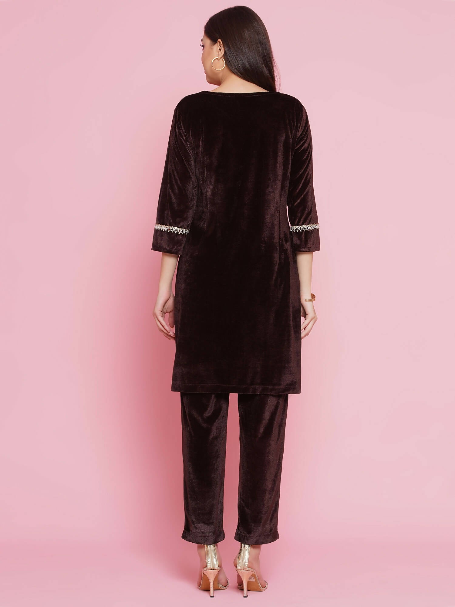 Women Republic Brown Velvet Embellished Co-Ord Set - Swadesiicart