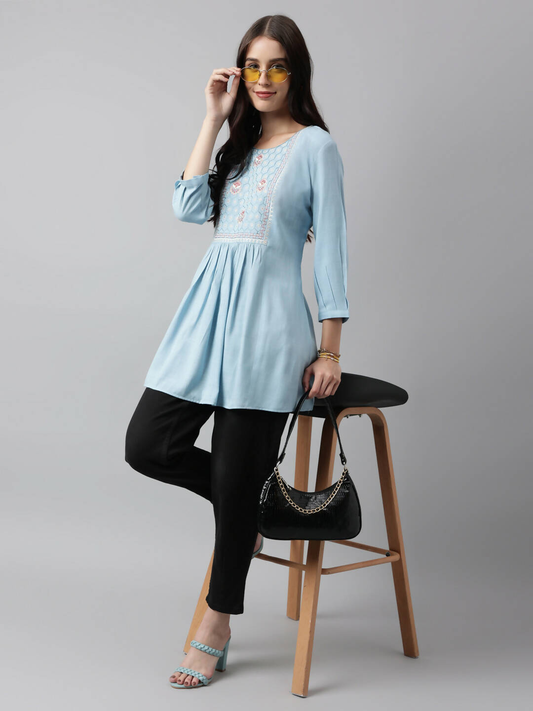 Light Blue Rayon Yoke Embroidered A-line Top - Tarini - Swadesiicart