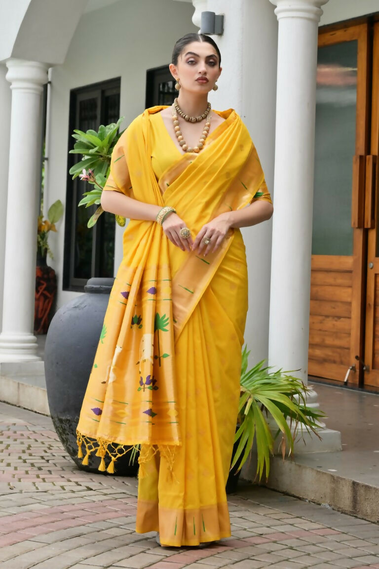 Vishnu Weaves Women's Yellow Paithani Silk Zari Woven Saree with Blouse - Swadesiicart