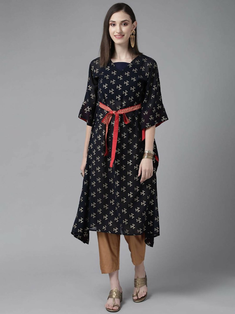 Ahalyaa Women Navy Blue Georgette Gold Printed Kaftan Kurta | Swadesiicart
