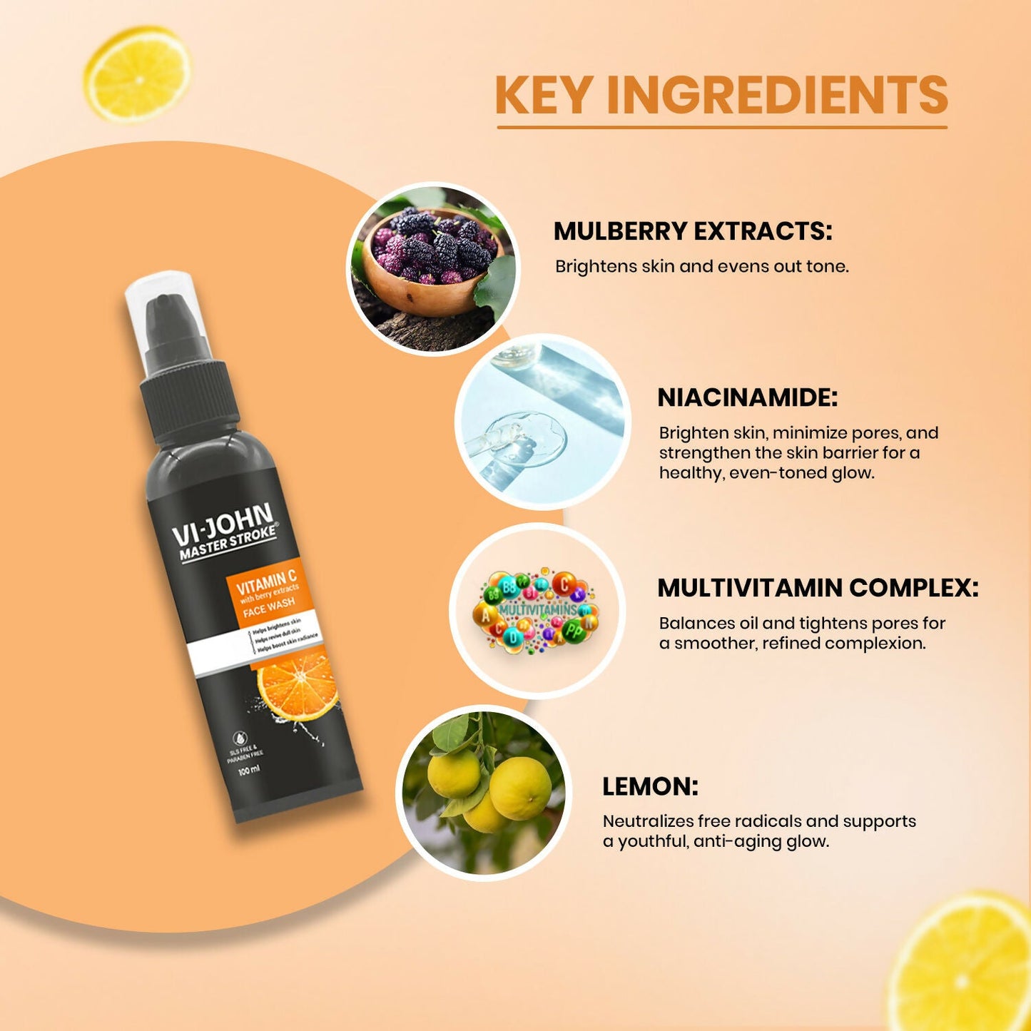 VI-JOHN Master Stroke Vitamin-C Face Wash Brightening Skin And Radiant Glow For All Skin Types | Swadesiicart