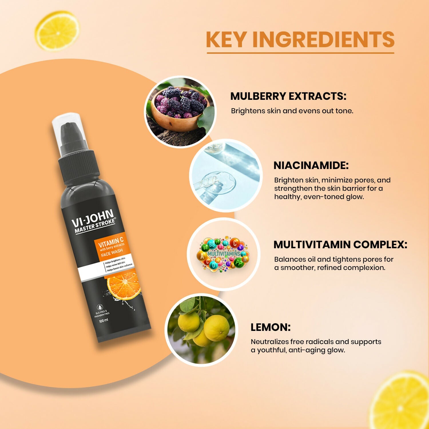 VI-JOHN Master Stroke Vitamin-C Face Wash Brightening Skin And Radiant Glow For All Skin Types | Swadesiicart