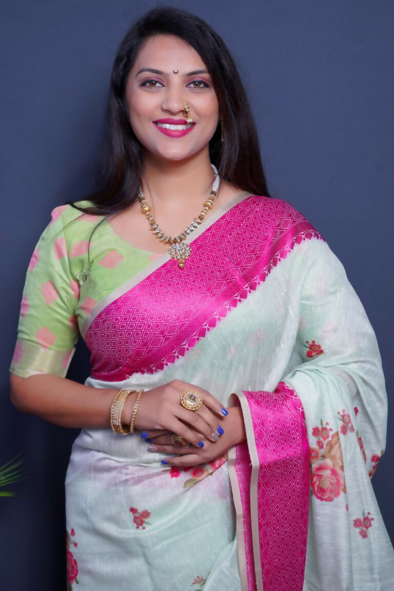 Jyoti Fashion Women's Magenta Linen Silk Digital Print with Jacquard Woven Border Saree with Blouse | Swadesiicart