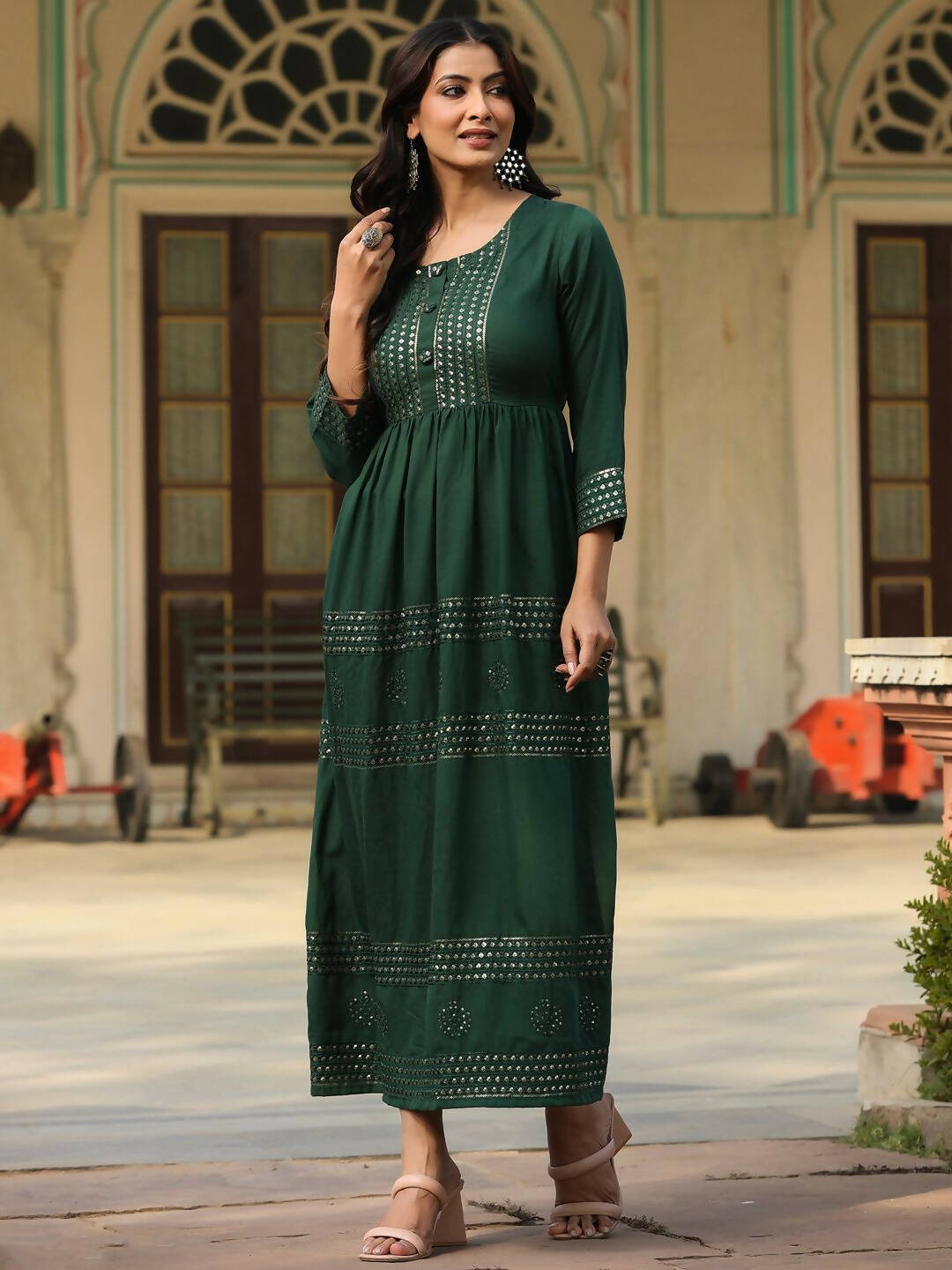 Juniper Women's Green Festive Embroiderd Flared Dress | Swadesiicart