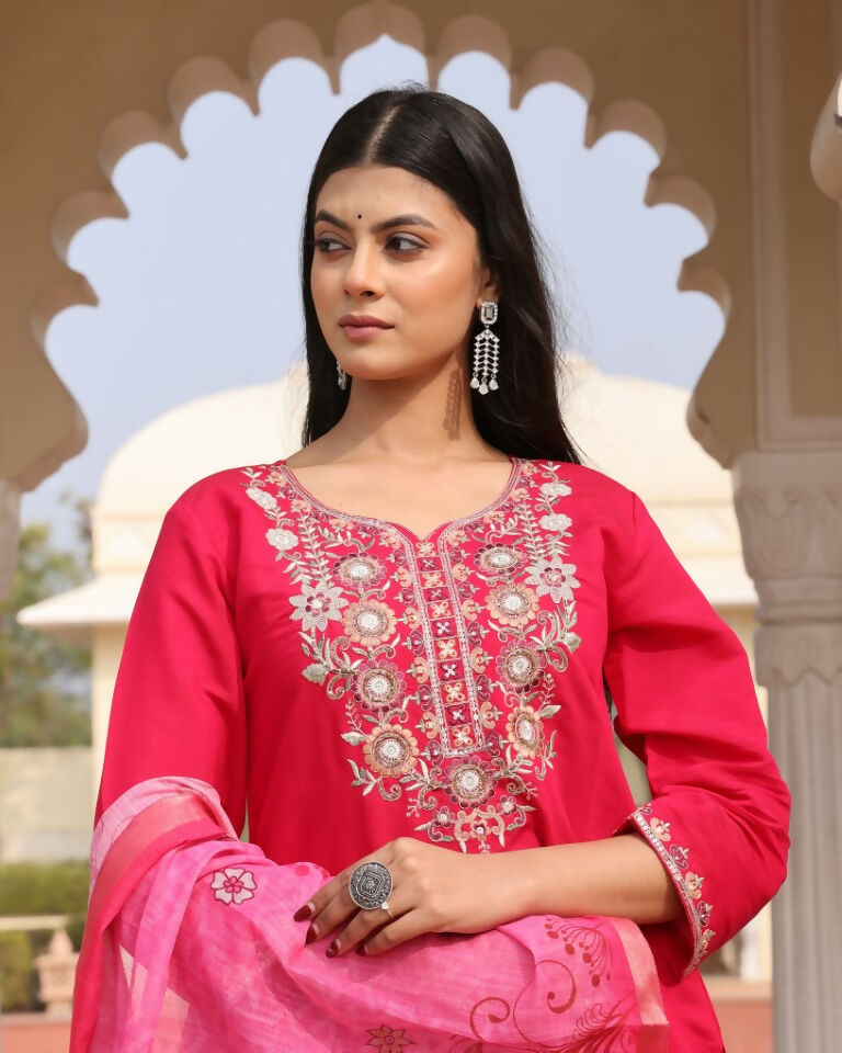 Jyoti Fashion Women's Pink Cotton Silk Hand Work with Floral Printed Kurta Set | Swadesiicart