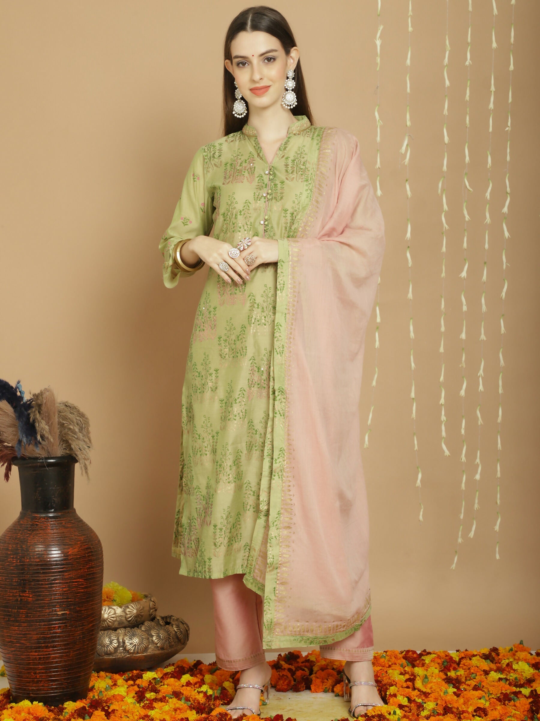 Jyoti Fashion Women's Green Chanderi Silk Elegant Jardoshi Semi Kurta with Trouser & Dupatta | Swadesiicart
