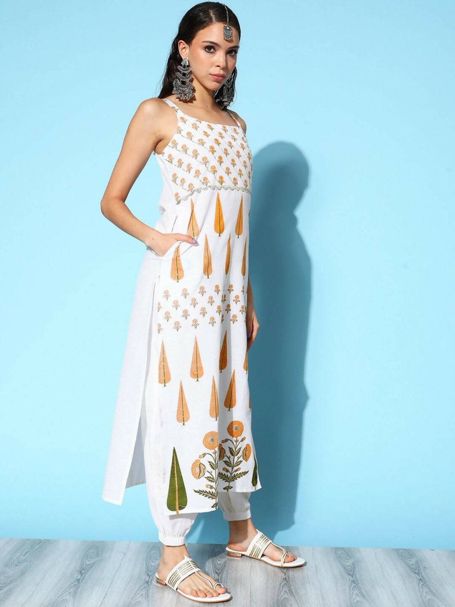 Ahalyaa Women's White Colour Pure Cotton Pigment Printed Kurta Pant Set With Dupatta | Swadesiicart