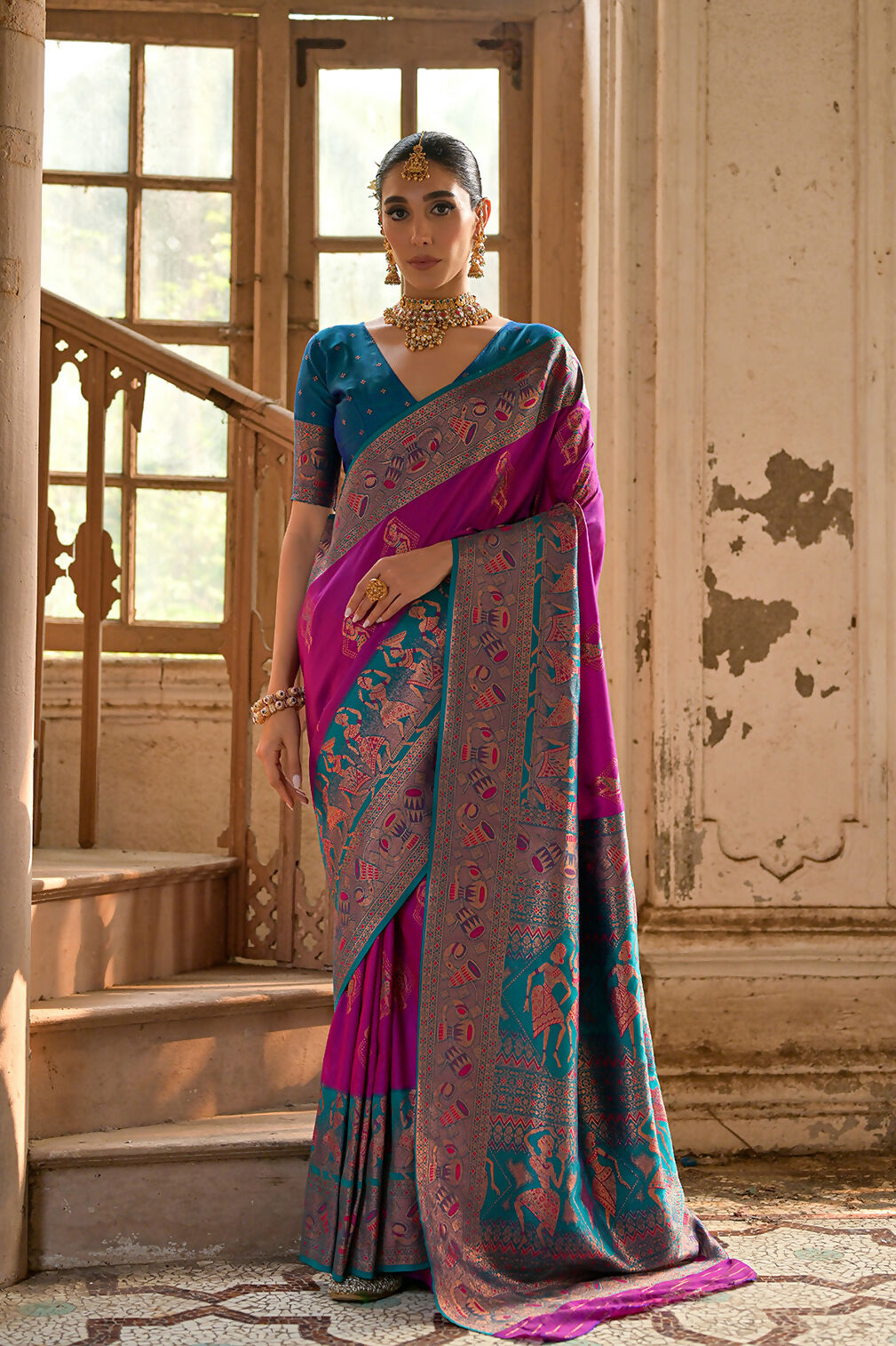 Vishnu Weaves Women's Wine Banarasi Silk Kalamkari Zari Woven Saree with Blouse - Swadesiicart