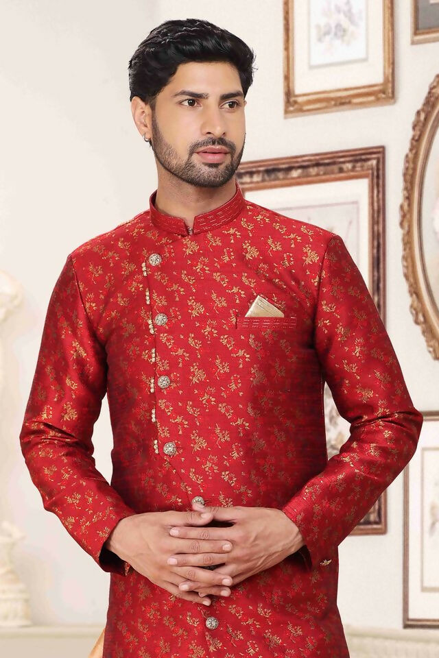 Raivat Ethnic Banarasi Jacquard Embroidery Semi Indo Western Sherwani In Maroon Colour | Swadesiicart