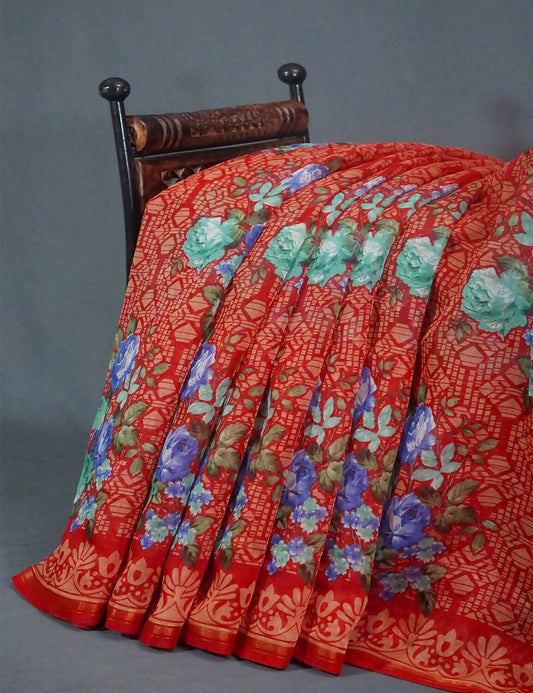 Shades Of Red Floral Design Semi Chanderi Saree By Gayathri Reddy Designer Studio | Swadesiicart