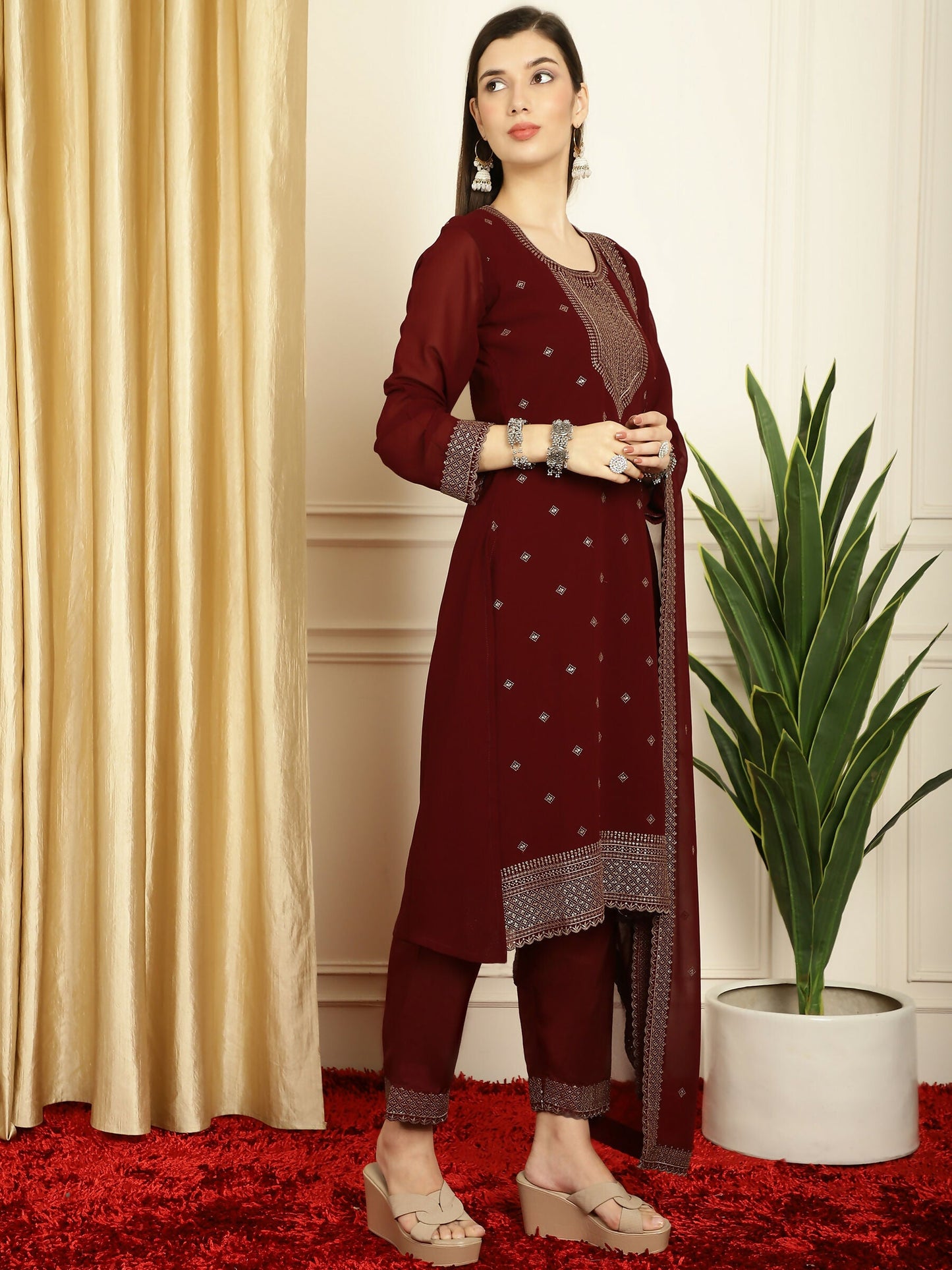 Jyoti Fashion Women's Maroon Georgette Resham Thread & Sequin Kurta with Trouser & Dupatta | Swadesiicart