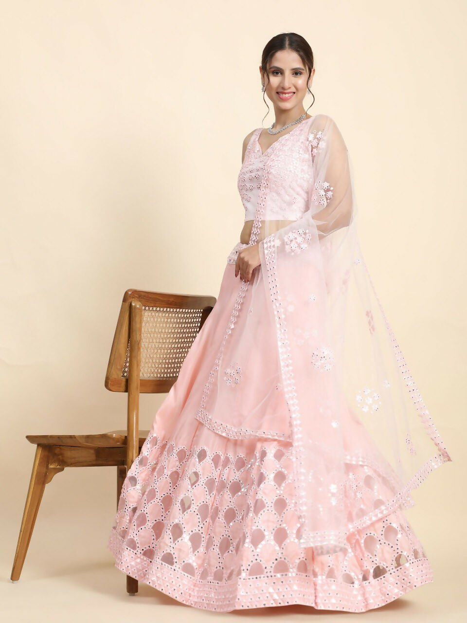 Jyoti Fashion Dreamy Baby Pink Silk Thread with Paper Mirror & Cut work Lehenga Choli with Dupatta | Swadesiicart