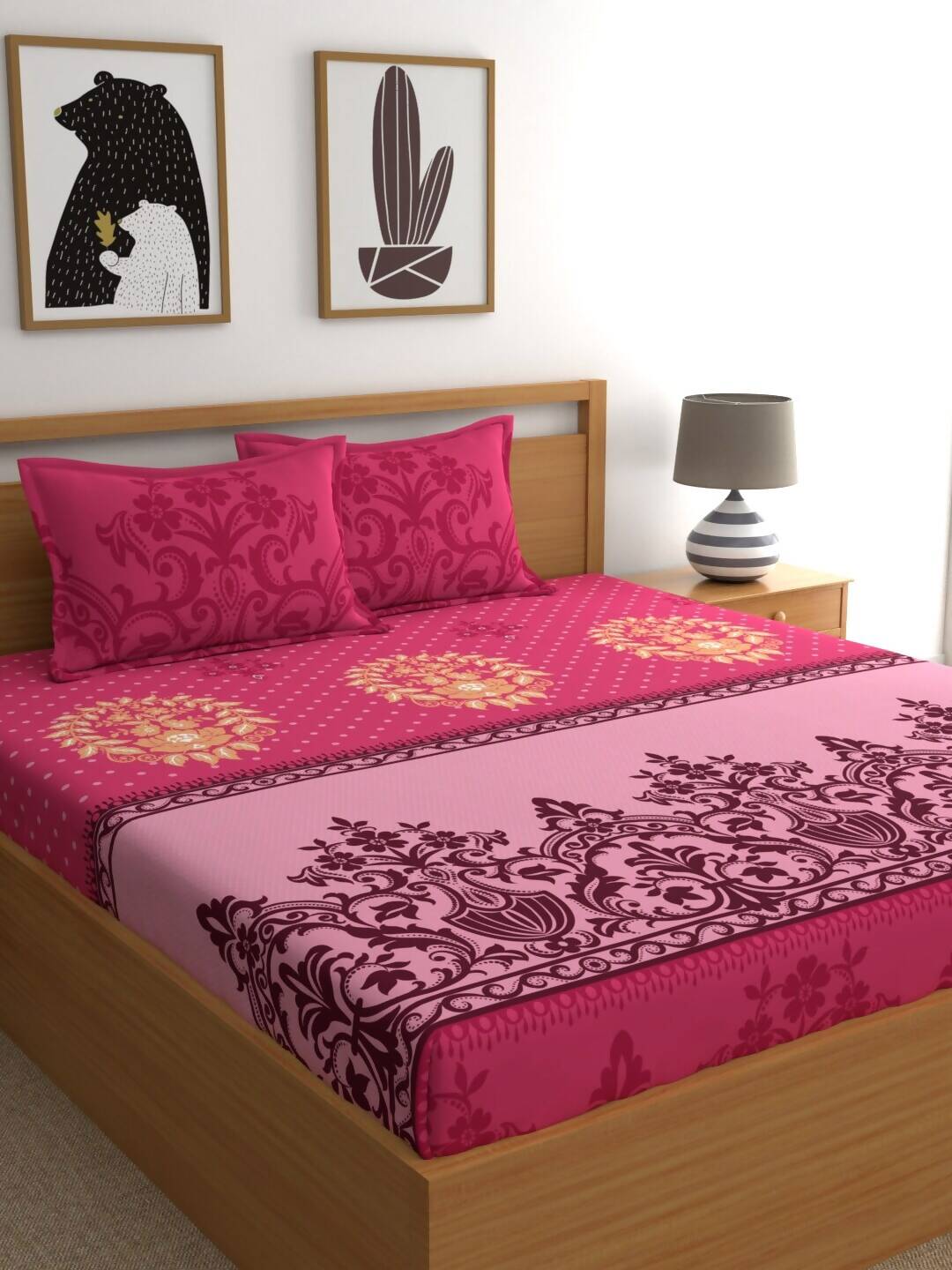 Dreamscape Pink & Beige Ethnic Motifs 144 TC Bedsheet with Pillow Covers - Swadesiicart