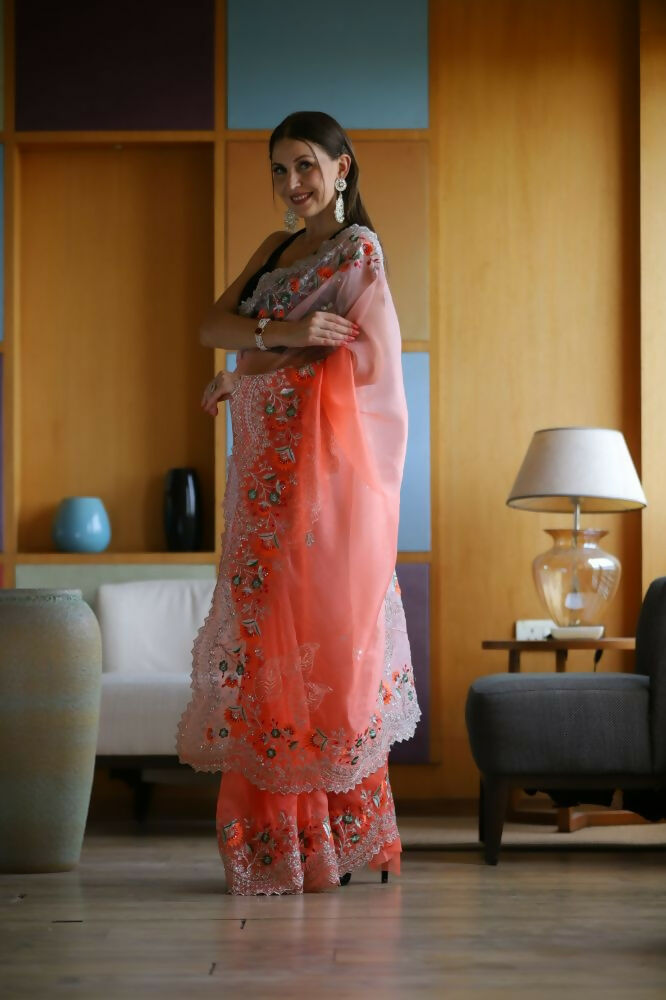 Vamsee Sanyogita Sanyogita - Orange Organza Saree - Swadesiicart