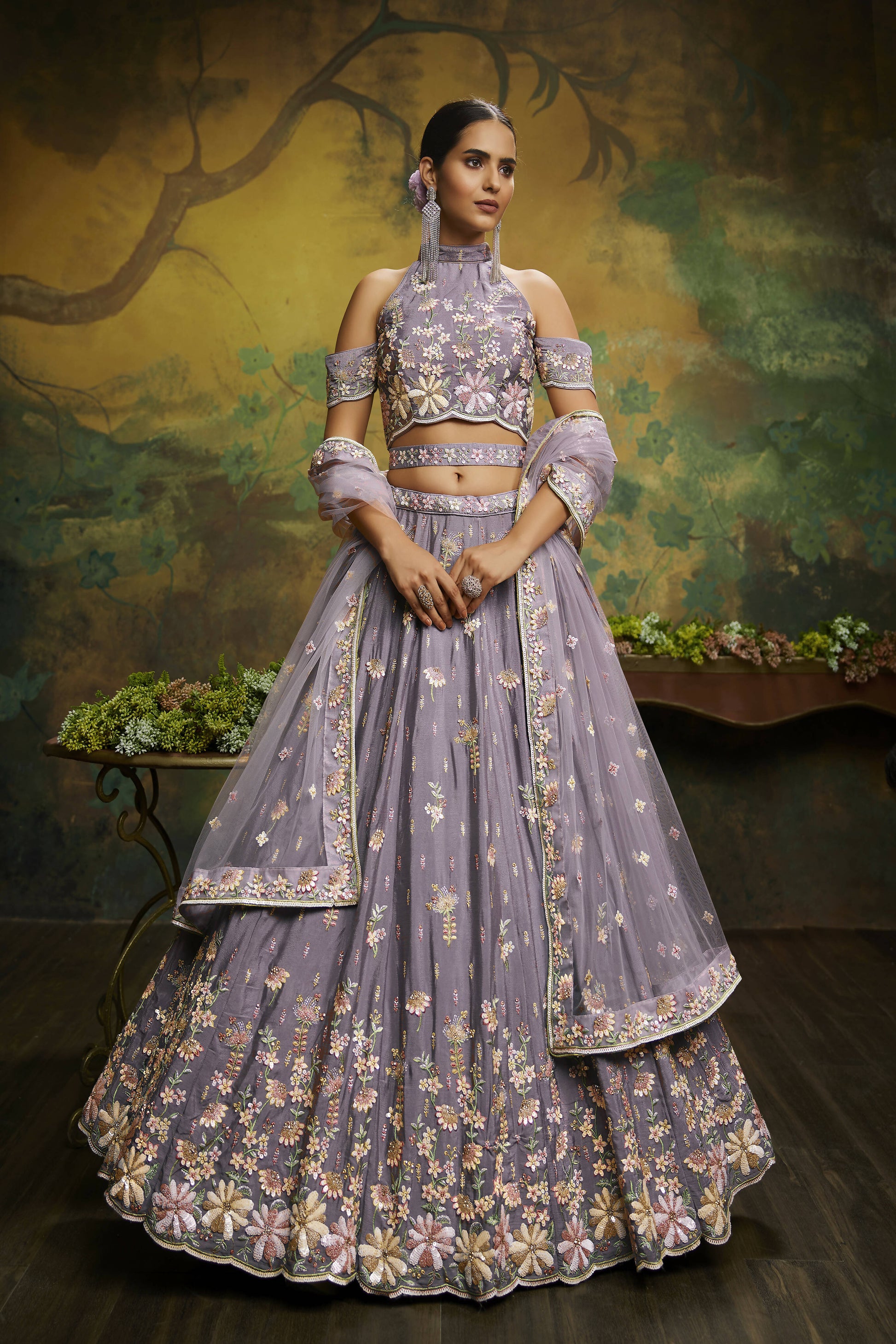 House of Panchhi Mauve Pure Georgette Sequins with heavy Zarkan embroidery Lehenga choli & Dupatta | Swadesiicart